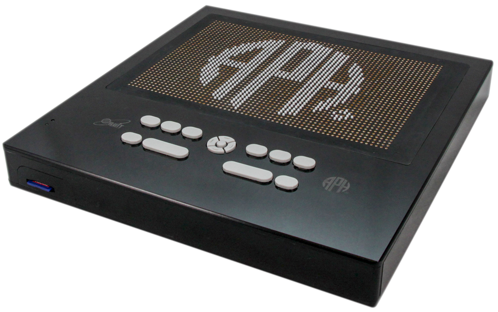A black, square device with gray buttons in the bottom center. The digital interface displays the companies acronym APH.